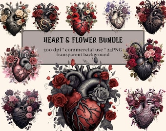 24 PNG Watercolor Gothic Heart & Flower Clipart, Gothic Floral Heart, anatomical Valentine illustrations, digital illustrations, watercolor