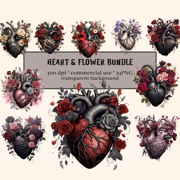 24 PNG Watercolor Gothic Heart & Flower Clipart, Gothic Floral Heart, anatomical Valentine illustrations, digital illustrations, watercolor
