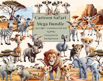 53 Safari animali Clipart acquerello Bundle, Jungle Safari PNG, animali africani Wild Life clipart, Safari sublimazione digitale, Leone, Zebra