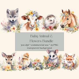 25 cliparts aquarelle fleurs de printemps bébés animaux - animaux avec bouquets de fleurs au format PNG téléchargement immédiat pour un usage commercial, forêt