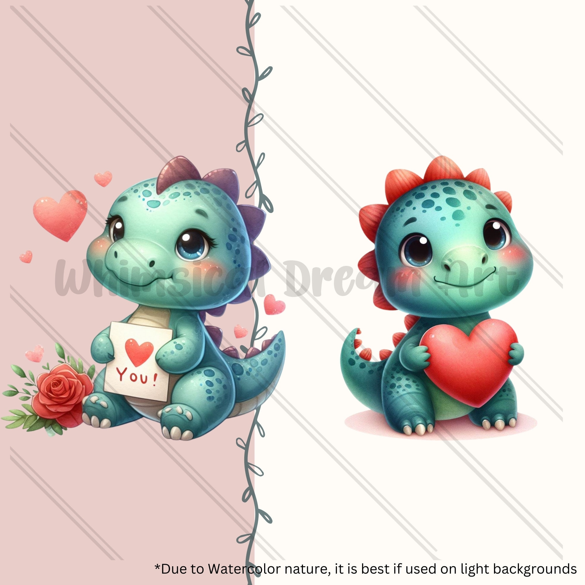 26 Watercolor Cute Valentine Dino Clipart, Dinosaurs Watercolor Clipart ...