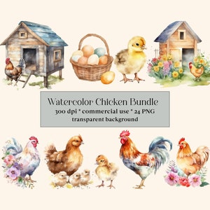 Lot de 24 cliparts poulet aquarelle - fleurs mignonnes de poulet et de poussins, animal de la ferme, téléchargement immédiat au format PNG pour un usage commercial, coqs