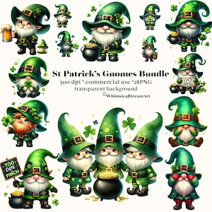 28 Paquete de imágenes prediseñadas de gnomos de San Patricio de acuarela, imágenes prediseñadas de flores de jardín, imágenes prediseñadas de primavera, día de San Patricio imprimible, artesanías, trébol de 4 hojas