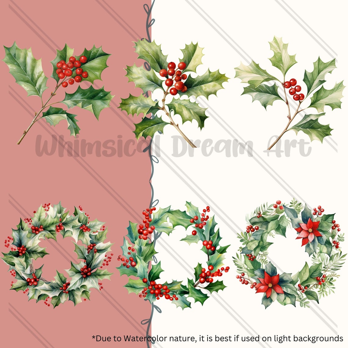 27 Watercolor Christmas Holly Clipart, Festive Floral Clipart PNG ...