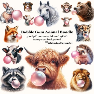29 Clipart animaux aquarelle bubble-gum, animaux mignons au format PNG, téléchargement immédiat pour un usage commercial, forêt, safari, ferme, cheval, chat