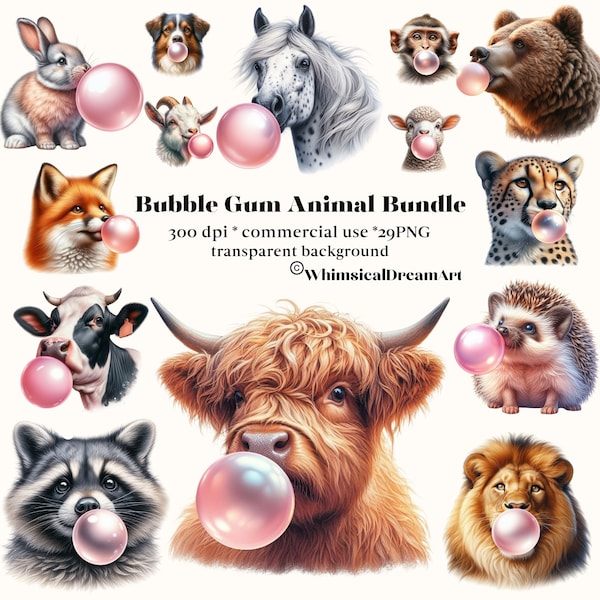 29 Watercolor Bubble Gum Animals Clipart, cute animals in PNG format instant download for commercial use, woodland, safari, farm, horse, cat