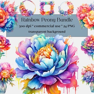 24 Aquarell Regenbogen Pfingstrosen Clipart, bunte Pfingstrose Clip Art Bundle, Regenbogen Blumen png, Pfingstrosen Illustrationen, bunte florale Clipart