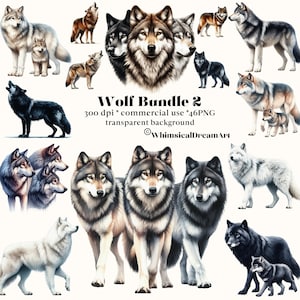 Puede incluir: Un paquete digital de arte con 46 imágenes de lobos. Las imágenes están en formato PNG y tienen un fondo transparente. Los lobos se representan en varias poses y colores, incluyendo negro, blanco y gris. El texto "Wolf Bundle 2" se muestra en la parte superior de la imagen. El texto "300 dpi * commercial use * 46 PNG transparent background" se muestra debajo del título. El texto "WhimsicalDreamArt" se muestra en la parte inferior de la imagen.