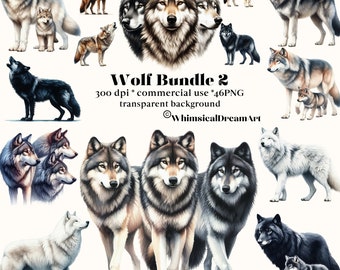 May include: A digital art bundle of 46 wolf images. The images are in PNG format and have a transparent background. The wolves are depicted in various poses and colors, including black, white, and gray. The text "Wolf Bundle 2" is displayed at the top of the image. The text "300 dpi * commercial use * 46 PNG transparent background" is displayed below the title. The text "WhimsicalDreamArt" is displayed at the bottom of the image.