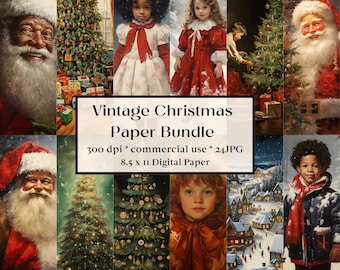 24 vintage jul, utskrivbara digitala papper med förtrollad jultomte, bakgrund, jullandskapsbakgrund, skräpjournal, julgranar
