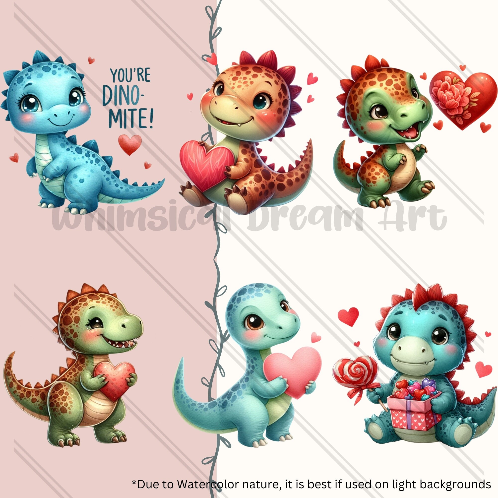 26 Watercolor Cute Valentine Dino Clipart, Dinosaurs Watercolor Clipart ...