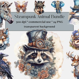 24 PNG Romantyczny Steampunk Zwierzęcy ClipArt, Akwarela Steampunk, Pakiet Wiktoriański Clipart, Fantasy Clipart, Użytek Komercyjny, Natychmiastowy Cyfrowy