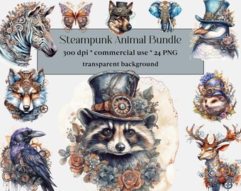 24 PNG Romantic Steampunk Animal ClipArt, Watercolor Steampunk, Victorian Clipart Bundle, Fantasy Clipart, Commercial Use, Instant Digital