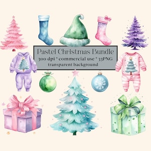 33 cliparts de Noël pastel aquarelle, arbre numérique PNG, téléchargement numérique, lot d'impressions, ornements, cadeaux, carnet d'art, carte de Noël pour bébé