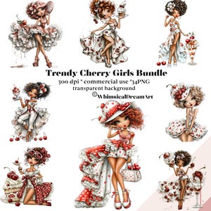 Può includere: Un pacchetto di illustrazioni digitali intitolato Trendy Cherry Girls Bundle che presenta otto personaggi distinti con capelli ricci, che indossano abiti bianchi e rossi con motivi a ciliegia, accessori e dessert, con testo che include 300 dpi e WhimsicalDreamArt.