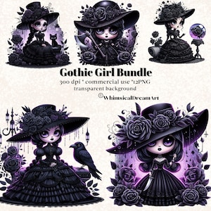 12 水彩ゴシック ガール コレクション クリップアート、PNG ハロウィン ドール、黒猫クリップアート、ゴシック ハロウィン ノーム、魔女、カラス、商用利用