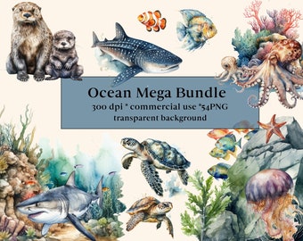 54 imágenes prediseñadas de criaturas marinas de acuarela, PNG, vida marina, arte de pared, tortuga, pulpo, delfín, tiburón, ballena, lindos animales del océano, uso comercial