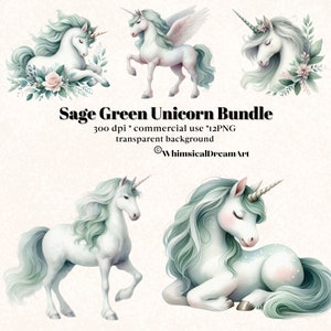 12 acuarela lindo pastel unicornio colección clipart, flores de primavera clipart, acuarela verde unicornios PNG arte de la pared, magia, animal bebé