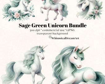 May include: A set of four digital illustrations of sage green unicorns. The unicorns are in various poses, including standing, lying down, and looking to the side. The illustrations are on a transparent background.
