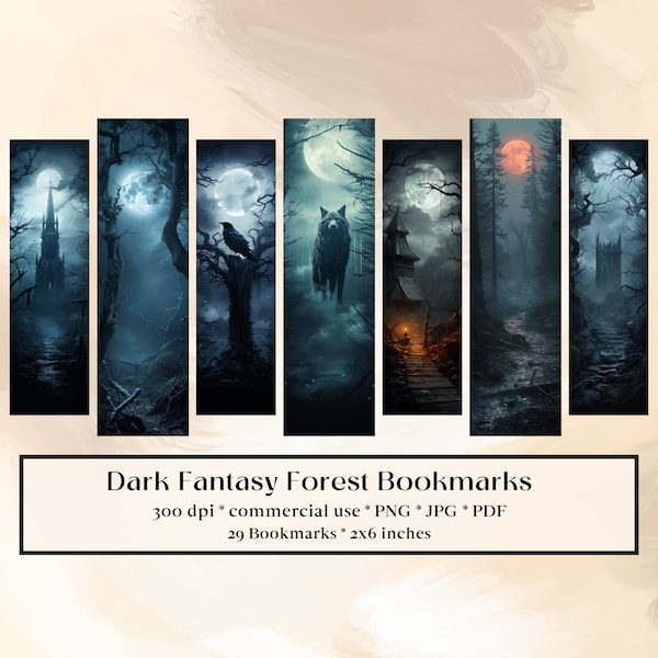 29 Dark Fantasy Forest Bookmark Designs, Printable Bookmarks digital download, Sublimate, print and cut, Bundle, Library, Magical Wolf Raven