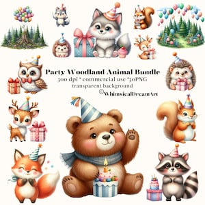 Lot de 30 cliparts aquarelle fête animaux de la forêt, usage commercial, PNG transparent, chambre de bébé, renard, ours, cerf, hérisson, raton laveur, hibou