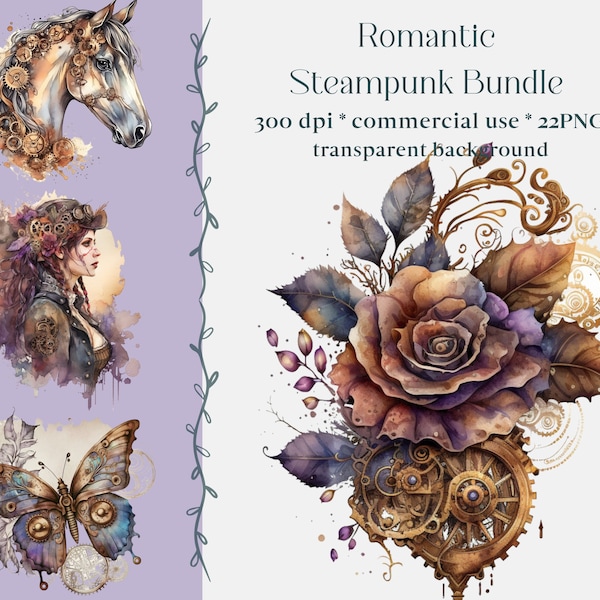 22 PNG Romantic Steampunk ClipArt, Watercolor Steampunk, Victorian Clipart Bundle, Fantasy Clipart, Commercial Use, Instant Digital Download