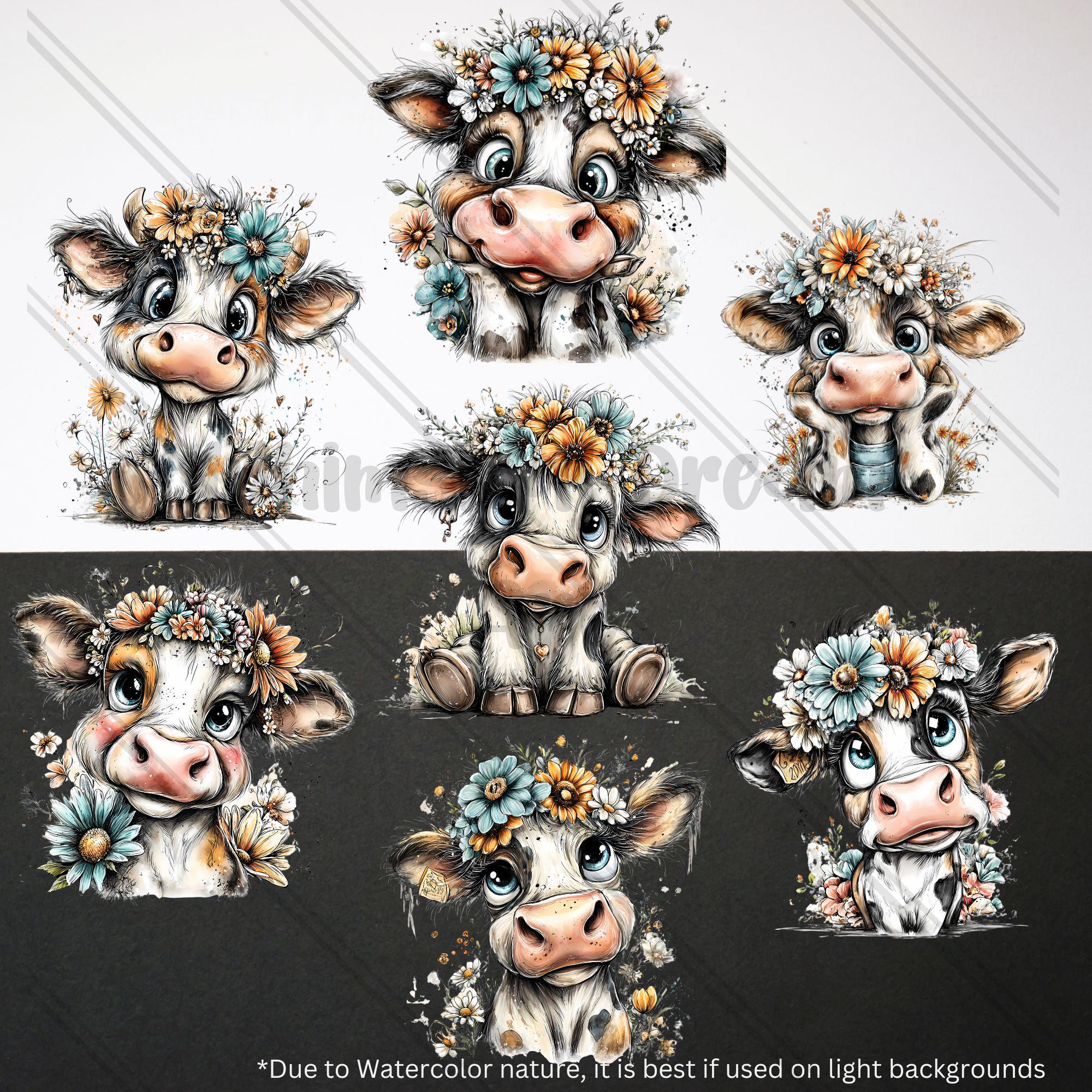 31 PNG Cow Clipart Floral Illustration, Watercolor Baby Farm Animal ...