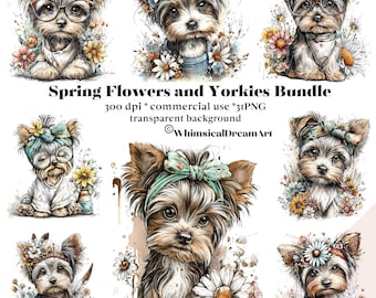May include: A bundle of watercolor illustrations featuring Yorkshire Terriers with floral accents. The dogs are depicted with flowers, headbands, and glasses. The text reads "Spring Flowers and Yorkies Bundle" with details about the image resolution and commercial use.