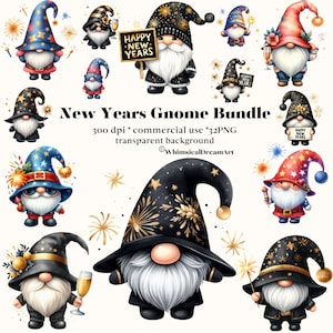 Collection PNG de 32 gnomes joyeux nouvel an, lot de gnomes festifs aquarelle, feux d'artifice, résolutions, images fantastiques, utilisation commerciale de vacances