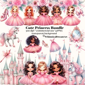 47 niedliche Prinzessin Aquarell Clipart, kleine Prinzessin Bundle, Pferd PNG, Märchenschloss, kommerzielle Nutzung, kleines Mädchen, Rosa, Schuhe, Krone