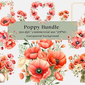 27 aquarelle coquelicots Clipart - fleurs florales de pavot de Californie et bouquet au format PNG, utilisation commerciale, botanique, fleurs d'été, Couronne