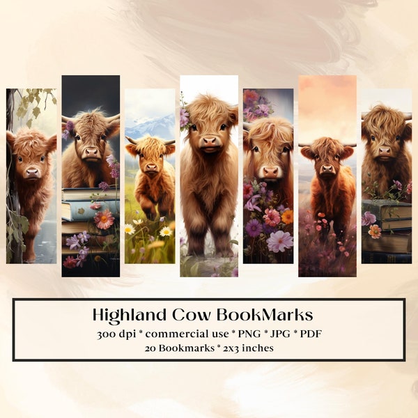 20 Cute Highland Cow Bookmark Designs, Printable Bookmarks digital download, Sublimate, print and cut, Bundle, Flower, Books, Farm, Blossoms