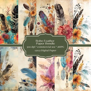 Lot de 28 papiers plumes bohèmes, Papier de scrapbooking bohème, Arrière-plans de plumes florales, Papier numérique à usage commercial, Motifs bohèmes, Journal
