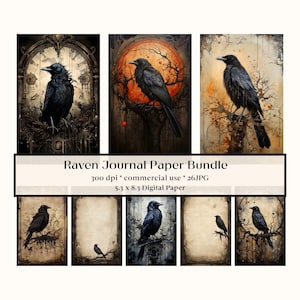 May include: A digital paper bundle featuring eight different designs of ravens on a variety of backgrounds. The designs include ravens perched on branches, in front of a clock, and against a red moon. The text "Raven Journal Paper Bundle" is at the top of the image.