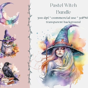 30 PNG Watercolor Pastel Witch Clipart Bundle, Pastel Witchcraft Clip art, witch, magic, mystical clipart , Pagan, Occult, Owl, raven, Cat