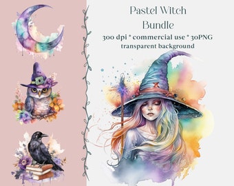 30 PNG acquerello pastello strega Clipart Bundle, pastello stregoneria Clip art, strega, magia, clipart mistica, pagano, occulto, gufo, corvo, gatto