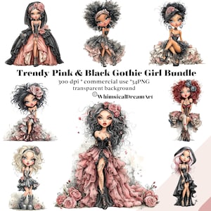 May include: A digital art bundle featuring eight stylized gothic girls in pink and black dresses. The illustrations have a watercolor effect, with floral accents and detailed facial features. The text reads "Trendy Pink & Black Gothic Girl Bundle".