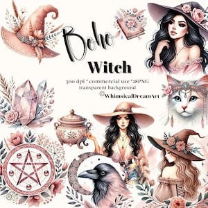28 Clipart di streghe boho ad acquerello, bellissimo pacchetto di streghe, PNG ad acquerello, magia occidentale rosa, illustrazioni di fiabe magiche, gatto, corvo