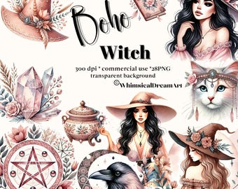28 Watercolor Boho Witch Clipart, Beautiful Witch Bundle, Watercolour PNG, Pink Western Magic, Magical Fairytale Illustrations, Cat, Raven