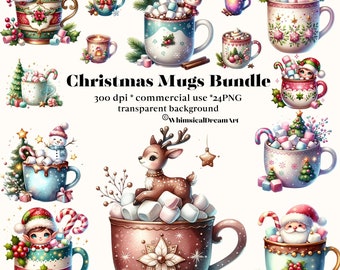Paquete de imágenes prediseñadas de 24 tazas de Navidad, imágenes prediseñadas de chocolate caliente de acuarela, cacao caliente, chocolate caliente, imágenes prediseñadas de alimentos, imágenes de Navidad, uso comercial