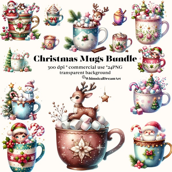 24 Christmas Mugs Clipart Bundle, Watercolor Hot Chocolate Clipart, Hot Cocoa, Hot Chocolate, Food Clipart, Christmas Images, Commercial Use