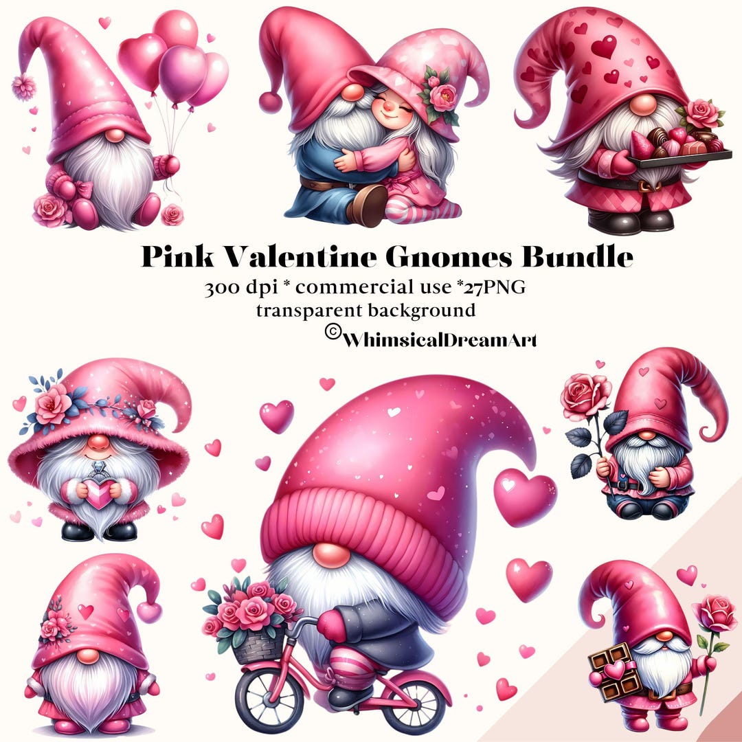 27 Pink Valentine Gnomes PNG Collection, Watercolor Gnome Collection ...