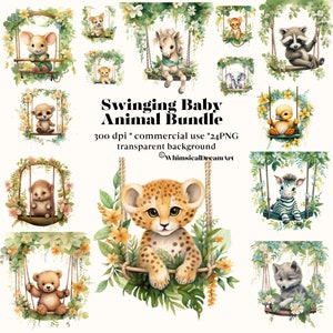 Balançoire bébé animal PNG, cliparts safari, fond Transparent, usage commercial, oeuvre d'art imprimable, forêt, chat, girafe, renard, lion, loup
