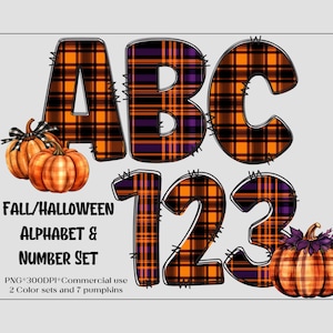 Halloween & Fall Plaid Clipart Decorative Letters, Commercial Use Digital Art, Alphabet Doodle Sublimation, Pumpkin, Scrapbooking, Journal