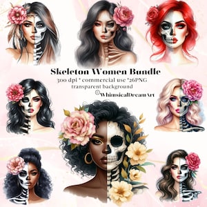 Lot de 26 femmes squelettes aquarelle, belle dame PNG Clipart, noir, hispanique, asiatique, autochtone, afro PNG, fleur, fille squelette, Halloween