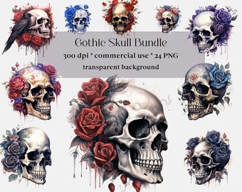 24 PNG Watercolor Gothic Floral Skull Clipart, Floral Skull Clip Art Bundle Set, Gothic image, Dark Fantasy Clip art, witch , wiccan, pagan