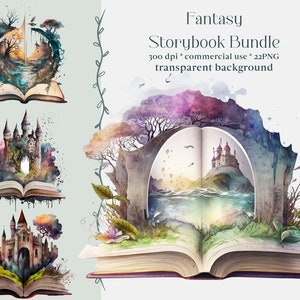 Puede incluir: Un conjunto de cuatro ilustraciones digitales de libros abiertos con castillos, bosques y paisajes marinos de estilo acuarela que aparecen desde el interior de las páginas. Las ilustraciones tienen un toque mágico y fantástico, perfectas para libros infantiles o proyectos con temática de fantasía.