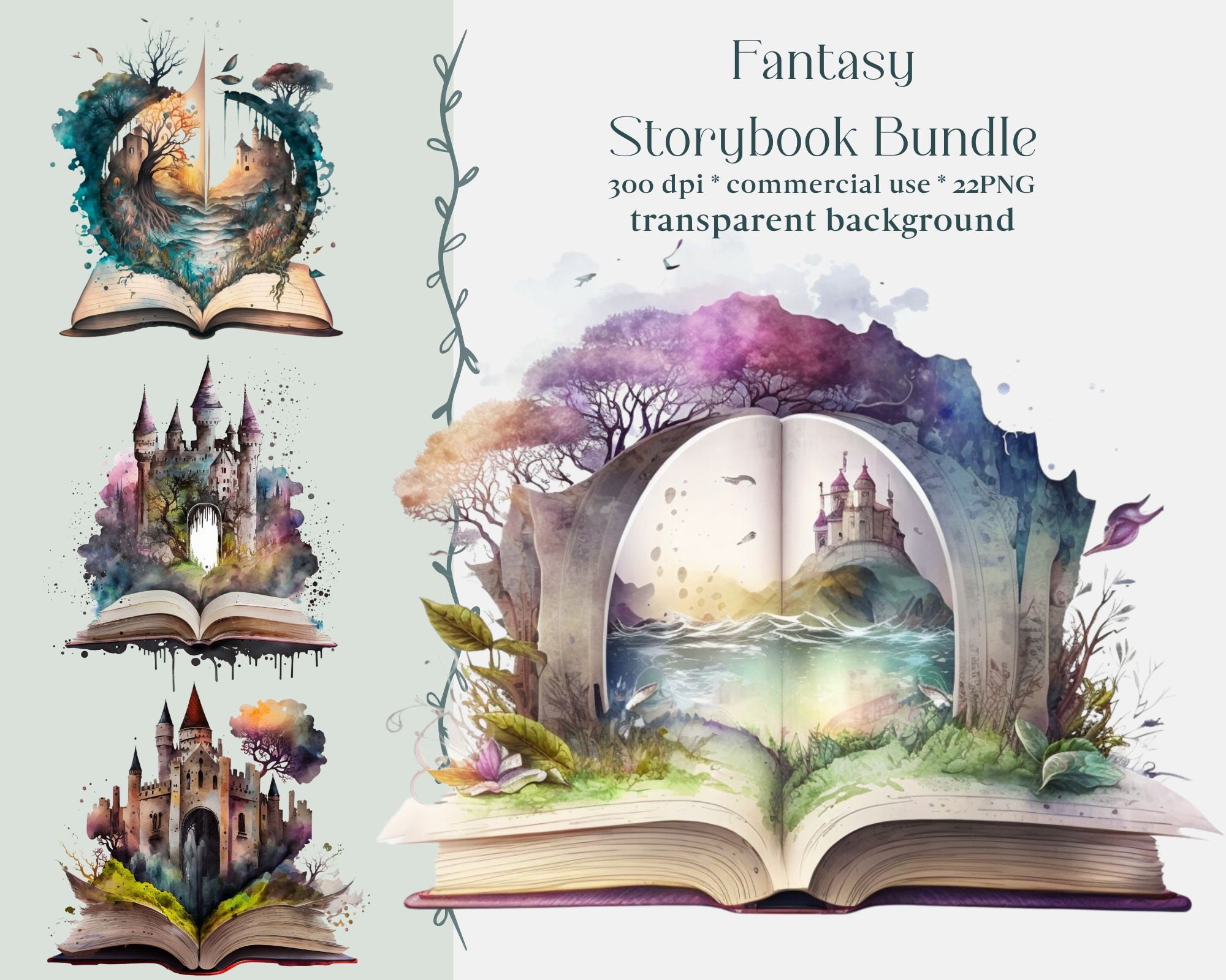 12 Watercolor Fantasy Books Clip Art. Open Book PNG Bundle. Magic Book/stacked  Booksclipart. Book Lover, Bookish Bookworm Sublimation. 