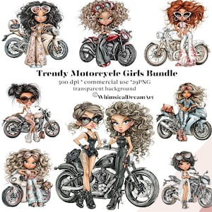 May include: A digital illustration bundle titled Trendy Motorcycle Girls Bundle featuring eight stylized characters with large eyes and voluminous hair, each posed with various motorcycles, including sport bikes and cruisers, with text details.