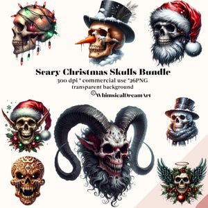 Ensemble de 26 cliparts tête de mort Noël, père Noël squelette, clipart Noël, sublimation tête de mort tatouage, PNG Noël, artisanat de décorations de Noël